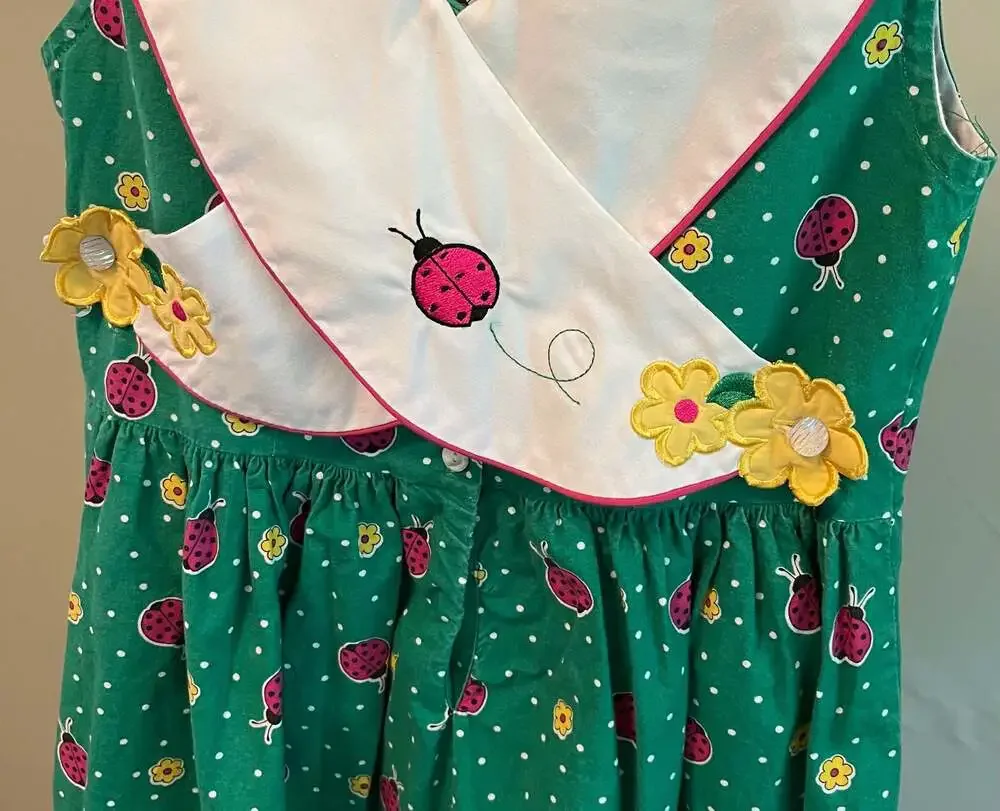 Vintage Style Green Ladybug Cotton Sundress Sz 12, Back to School